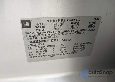 2015 Chevrolet Tahoe Lt из США, поврежденный, VIN 1GNSCBKC0FR117169